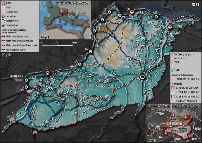 Fig. A topographic and archaeological map of Northern Noricum, illustrating inter- and intraregional connectivity networks, Roman road systems, and key sites along the Danube Limes.